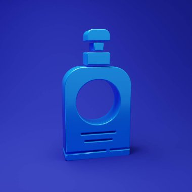 Mavi El dezenfektanı mavi arka planda izole edilmiş. Dezenfeksiyon konsepti. Yıkama jeli. Hijyen için alkol şişesi. Minimalizm kavramı. 3 Boyutlu resimleme.