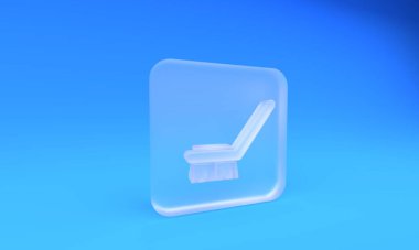 Mavi arka planda izole edilmiş temizlik ikonu için buzlu cam fırçası. Temizlik hizmeti konsepti. Kare buzlu cam düğme. 3 Boyutlu resimleme.