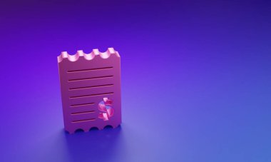 Mor-mavi arka planda pembe kağıt kontrolü ve mali kontrol simgesi izole edildi. Kağıt baskı çeki, makbuz ya da fatura. Minimalizm kavramı. 3 Boyutlu resimleme.