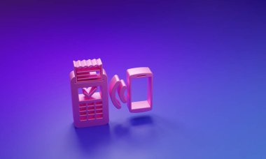 Pembe POS terminali basılı alıcı ve ödemeyi mor-mavi arkaplanda izole edilmiş akıllı telefon simgesiyle onaylıyor. NFC ödeme konsepti. Minimalizm kavramı. 3 Boyutlu resimleme.