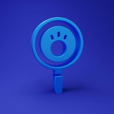 Mavi Paw arama simgesi mavi arkaplanda izole edildi. Hayvan ayak izleri olan büyüteç. Minimalizm kavramı. 3 Boyutlu resimleme.