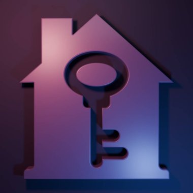 Mor-mavi arka planda kilit simgesi olan Mor Ev. Ev anahtarının konsepti. Minimalizm kavramı. 3 Boyutlu resimleme.