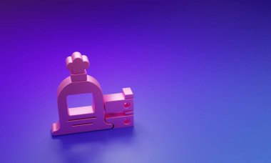 Pembe torba ve ahşap kutu ikonu mor-mavi arka planda izole edilmiş. Minimalizm kavramı. 3 Boyutlu resimleme.