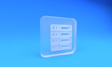 Buzlu cam sunucu, Data, Web sunucu simgesi mavi arkaplanda izole edildi. Kare buzlu cam düğme. 3 Boyutlu resimleme.