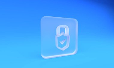 Buzlu cam Açık asma kilit ve mavi arkaplanda izole edilmiş işaret simgesi. Siber güvenlik kavramı. Dijital veri koruması. Güvenlik kilidi. Kare buzlu cam düğme. 3 Boyutlu resimleme.