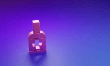 Pembe şişe antibakteriyel sabun ve mor-mavi arka planda izole edilmiş şeker ikonu. Antiseptik. Dezenfeksiyon, hijyen, cilt bakımı. Minimalizm kavramı. 3 Boyutlu resimleme.