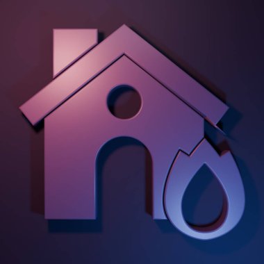 Mor-mavi arka planda yanan ev simgesinde mor yangın. Sigorta konsepti. Güvenlik, güvenlik, koruma, konsept koruma. Minimalizm kavramı. 3 Boyutlu resimleme.