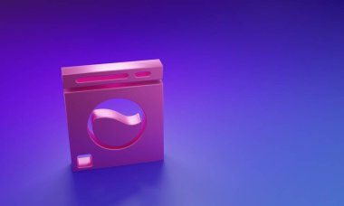 Mor-mavi arka planda izole edilmiş pembe çamaşır makinesi simgesi. Çamaşır makinesi simgesi. Çamaşır makinesi, çamaşır makinesi. Ev aletleri sembolü. Minimalizm kavramı. 3 Boyutlu resimleme.