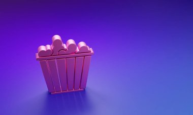 Mor-mavi arka planda izole edilmiş karton kutu ikonunda pembe patlamış mısır. Patlamış mısır kutusu. Minimalizm kavramı. 3 Boyutlu resimleme.