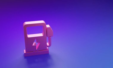 Pembe Elektrikli araba şarj istasyonu simgesi mor-mavi arka planda izole edildi. Eko elektrik yakıt pompası tabelası. Minimalizm kavramı. 3 Boyutlu resimleme.