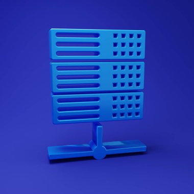 Mavi Sunucu, Data, Web sunucu simgesi mavi arkaplanda izole edildi. Minimalizm kavramı. 3 Boyutlu resimleme.