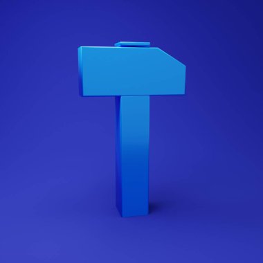 Mavi çekiç simgesi mavi arkaplanda izole edildi. Tamir için bir araç. Minimalizm kavramı. 3 Boyutlu resimleme.