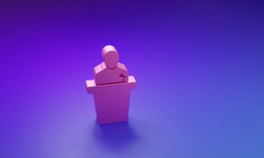 Mor-mavi arkaplanda Pembe Hoparlör simgesi izole edildi. Ben Tribün 'den hatip. Halka açık konuşma. Kürsüde biri var. Minimalizm kavramı. 3 Boyutlu resimleme.