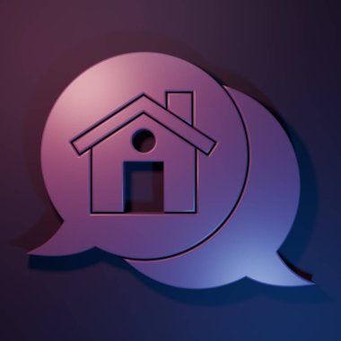 Mor emlak mesaj evi, mor-mavi arka planda izole edilmiş konuşma balonu ikonu. Minimalizm kavramı. 3 Boyutlu resimleme.