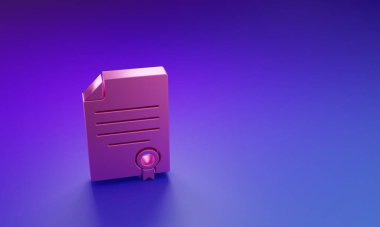 Pembe Ev kontrat ikonu mor-mavi arka planda izole edilmiş. Sözleşme oluşturma hizmeti, belge oluşumu, başvuru formu bileşimi. Minimalizm kavramı. 3 Boyutlu resimleme.