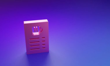 Mor-mavi arkaplanda izole edilmiş pembe bira menüsü simgesi. Bira restoranının broşürü. Minimalizm kavramı. 3 Boyutlu resimleme.