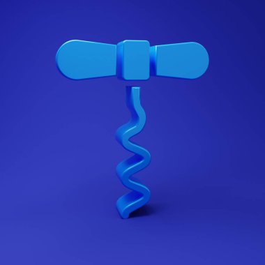 Mavi şarap tirbuşon simgesi mavi arkaplanda izole edilmiş. Minimalizm kavramı. 3 Boyutlu resimleme.