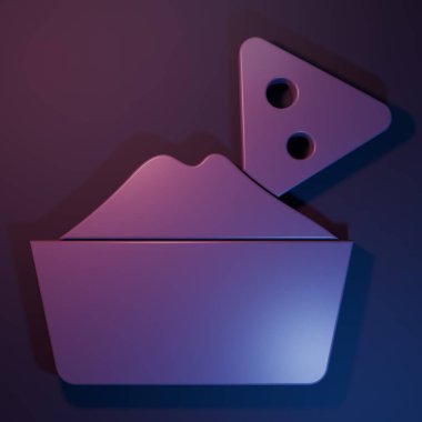 Mor-mavi arka planda izole edilmiş kase ikonunda mor nachos. Tortilla cipsi veya nachos tortilla. Geleneksel Meksika fast food menüsü. Minimalizm kavramı. 3 Boyutlu resimleme.