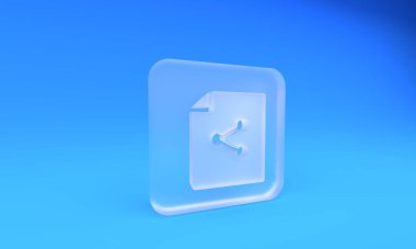 Buzlu cam paylaşım dosya simgesi mavi arkaplanda izole edildi. Dosya paylaşımı. Dosya aktarım işareti. Kare buzlu cam düğme. 3 Boyutlu resimleme.