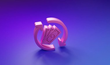 Pembe iade para ikonu mor-mavi arka planda izole. Finansal hizmetler, nakit geri ödeme konsepti, para iadesi, yatırım dönüşü, tasarruf hesabı. Minimalizm kavramı. 3 Boyutlu resimleme.