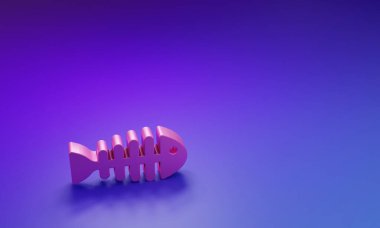 Mor-mavi arka planda izole edilmiş pembe balık iskelet ikonu. Balık kemiği işareti. Minimalizm kavramı. 3 Boyutlu resimleme.
