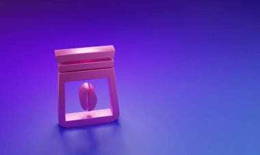 Mor-mavi arka planda izole edilmiş pembe kahve torbası ikonu. Minimalizm kavramı. 3 Boyutlu resimleme.