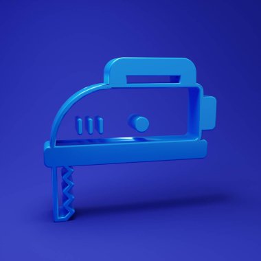 Mavi arka planda çelik keskin bıçak ikonu olan mavi elektrikli yapboz. Ahşap işçiliği için elektrikli alet. Minimalizm kavramı. 3 Boyutlu resimleme.