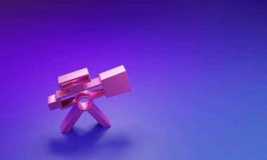 Mor-mavi arkaplanda izole edilmiş pembe teleskop simgesi. Bilimsel bir alet. Eğitim ve astronomi elementi, dürbün ve çalışma yıldızları. Minimalizm kavramı. 3 Boyutlu resimleme.