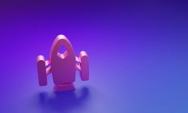 Pembe Roket gemisi simgesi mor-mavi arkaplanda izole edildi. Uzay yolculuğu. Minimalizm kavramı. 3 Boyutlu resimleme.