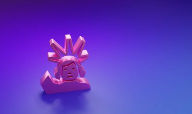 Mor-mavi arka planda izole edilmiş Pembe Özgürlük Heykeli simgesi. New York, ABD. Minimalizm kavramı. 3 Boyutlu resimleme.