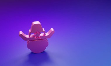 Mor-mavi arka planda izole edilmiş yıldız rozet ikonlu pembe şerif kovboy şapkası. Polis memuru. Minimalizm kavramı. 3 Boyutlu resimleme.