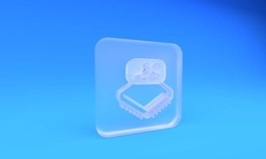 Üzerinde mikrodevreler bulunan buzlu cam bilgisayar işlemcisi mavi arka planda izole edilmiş işlemci simgesi. Devre kartlı çip ya da işlemci. Mikro işlemci. Kare buzlu cam düğme. 3 Boyutlu resimleme.