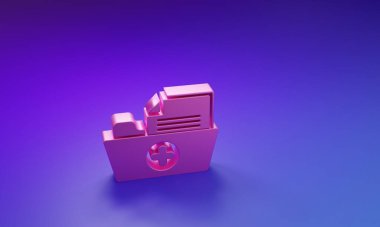 Mor-mavi arka planda izole edilmiş sağlık ikonu için Pembe Sağlık Dosyası. Hasta dosya simgesi. Tıbbi geçmiş sembolü. Minimalizm kavramı. 3 Boyutlu resimleme.