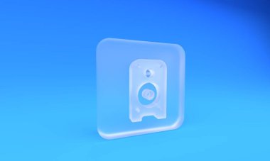 Buzlu cam Stereo hoparlörü ikonu mavi arkaplanda izole edildi. Ses sistemi hoparlörleri. Müzik ikonu. Müzikal sütun hoparlörü. Kare buzlu cam düğme. 3 Boyutlu resimleme.