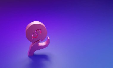 Pembe bağış ve yardım ikonu mor-mavi arka planda izole edilmiş. Para ve bağış konsepti. Minimalizm kavramı. 3 Boyutlu resimleme.