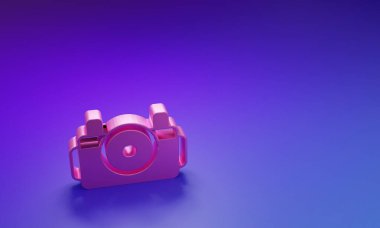 Mor-mavi arkaplanda izole edilmiş dalgıç simgesi için pembe fotoğraf makinesi. Fotoğraf makinesi simgesi. Su altı ekipmanları. Minimalizm kavramı. 3 Boyutlu resimleme.