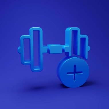 Mavi Dumbbell simgesi mavi arkaplanda izole edildi. Kas kaldırma, fitness halteri, spor malzemeleri. Minimalizm kavramı. 3 Boyutlu resimleme.