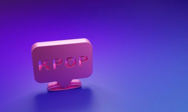 Mor-mavi arka planda izole edilmiş pembe K-pop simgesi. Kore popüler müzik tarzı. Minimalizm kavramı. 3 Boyutlu resimleme.