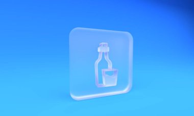 Buzlu cam soju şişesi ikonu mavi arka planda izole edilmiş. Kore pirinç votkası. Kare buzlu cam düğme. 3 Boyutlu resimleme.
