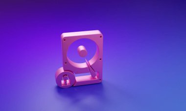 Pembe sabit disk sürücüsü ve kilit simgesi mor-mavi arkaplanda izole edildi. HHD ve asma kilit. Güvenlik, güvenlik, koruma kavramı. Minimalizm kavramı. 3 Boyutlu resimleme.