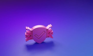 Mor-mavi arka planda izole edilmiş pembe siber güvenlik simgesi. Kalkan işaretli. Güvenlik kavramı. Dijital veri koruması. Minimalizm kavramı. 3 Boyutlu resimleme.