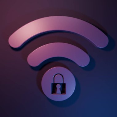 Mor Wifi kilit simgesi mor-mavi arka planda izole edildi. Şifre kablosuz ağ sembolü. Kablosuz ağ simgesi. Karı bölgesi. Minimalizm kavramı. 3 Boyutlu resimleme.