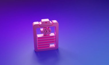 Mor-mavi arka planda izole edilmiş tıbbi kayıt evcil hayvan ikonu olan pembe pano. Sağlık sigortası formu. Tıbbi kontrol işaretleri raporu. Minimalizm kavramı. 3 Boyutlu resimleme.