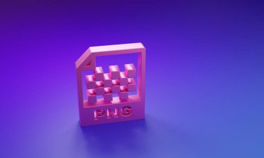 Pembe PNG dosya dökümanı. Mor-mavi arkaplanda png simgesi indir. PNG dosya simgesi. Minimalizm kavramı. 3 Boyutlu resimleme.