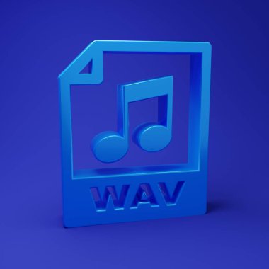 Mavi WAV dosya dökümanı. Mavi arkaplanda wav düğmesi simgesi indir. Dijital ses riff dosyaları için WAV dalga boyu ses dosyası biçimi. Minimalizm kavramı. 3 Boyutlu resimleme.