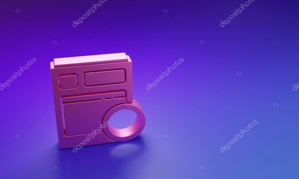 Pink Kitchen dishwasher machine icon isolated on purple-blue background. Minimalism concept. 3D render illustration.