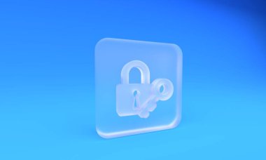 Buzlu cam kilit ve anahtar simgesi mavi arkaplanda izole edilmiş. Asma kilit işareti. Güvenlik, güvenlik, koruma, gizlilik kavramı. Kare buzlu cam düğme. 3 Boyutlu resimleme.