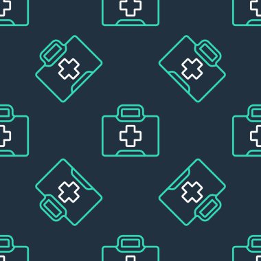 İlk yardım çantası simgesi siyah arkaplanda izole edilmiş. Haçlı sağlık kutusu. Acil durumlar için tıbbi ekipman. Sağlık sigortası konsepti. Vektör.