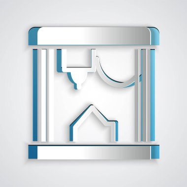 Kağıt kesim 3D yazıcı simgesi gri arkaplanda izole edildi. Kağıt sanatı tarzı. Vektör.