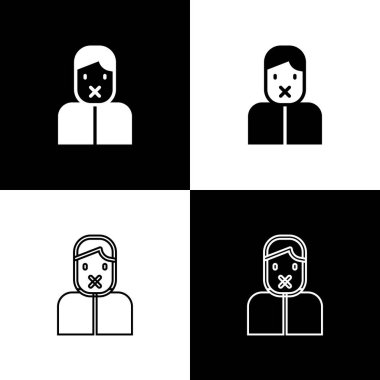 Sansür ve konuşma özgürlüğü konsepti simgesini siyah beyaz arkaplanda izole et. Medya mahkumu ve insan hakları kavramı. Bağlı ağız. Vektör.